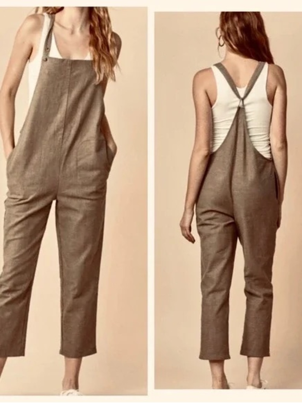 Miou Muse Womens Cropped Overalls Jumpsuit in Linen Gray